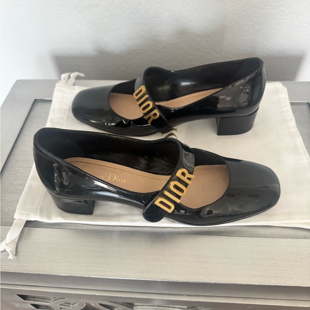 Dior Black Patent Leather Flats with Gold Accents